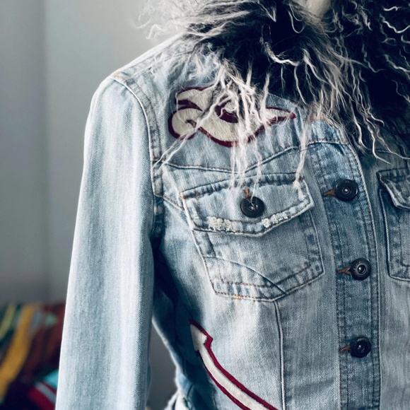 Chic Upcycled Denim Jacket with Mongolian Lamb Fur Collar and Cuffs with Cowhide - Picture 12 of 14